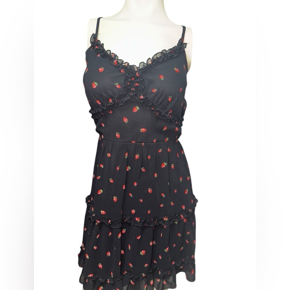 Sweet & Chic "Love and Liberty" Black Strawberry Print  Ruffle Mini Dress Size M